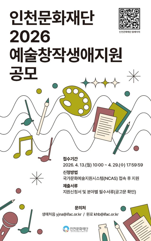 인천문화재단의 ‘2026 예술창작생애지원’과 ‘2026 창작공간 임차료 지원’ 공모 포스터. 인천문화재단 제