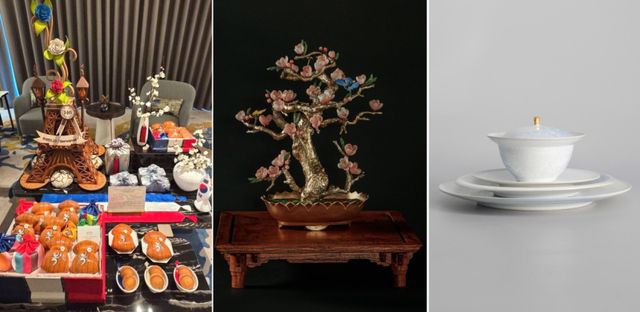 청와대가 공개한 에마뉘엘 마크롱 프랑스 대통령 부부의 국빈 방한 선물. 숙소에 비치한 웰컴 선물과 마크롱 대통령을 위한 ‘고종 반화 오마주', 브리지트 여사를 위한 양식기 세트(왼쪽부터). 연합뉴스