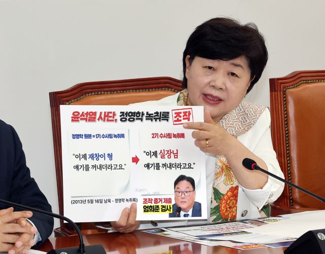 19일 국회에서 열린 '윤석열 정권 정치검찰 조작기소 의혹 사건 진상규명 국정조사특별위원회' 소속 더불어민주당 기자간담회에서 서영교 위원장이 대장동 사건 청문회 내용을 설명하고 있다. 연합뉴스