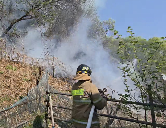 포천 신북면 야산에서 발생한 산불이 진화된 뒤 잔불 정리 작업이 이어지며 연기가 피어오르고 있다. 포천소방서 제공
