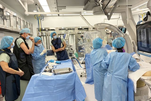 인천세종병원 심장혈관흉부외과 공준혁 과장(왼쪽에서 세번째)이 하이먼 교수(왼쪽에서 두번째)와 시연 전 논의를 하고 있다. 인천세종병원 제공