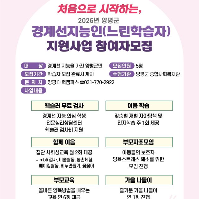 ‘경계선지능인(느린학습자) 평생학습 지원 사업’ 홍보 포스터. 양평군 제공