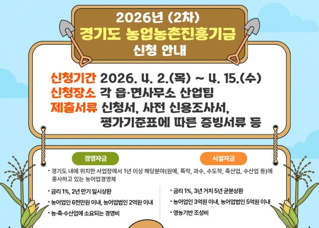 양평군은 ‘2026년 경기도 농업농촌진흥기금 경영 및 시설자금 지원’ 2차 대상자를 모집한다. 양평군 제공