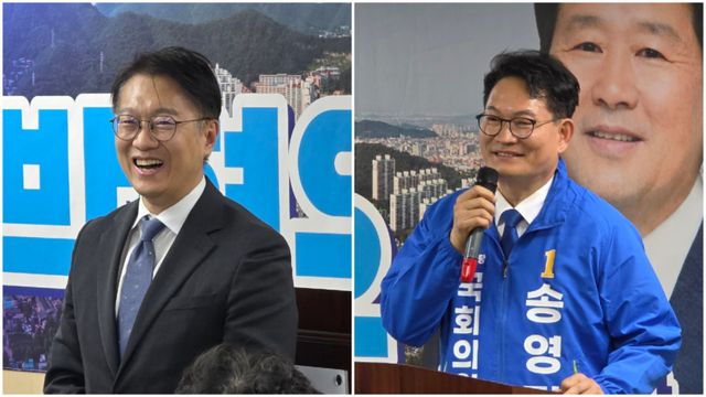 송영길 더불어민주당 연수갑 국회의원 후보(오른쪽)와 김남준 더불어민주당 계양을 국회의원 후보가 1일 계양구에서 열린 박형우 계양구청장 예비후보 선거사무소 개식에 참여해 인사말을 하고 있다. 장민재기자