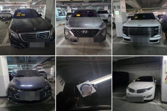 인천 중구 영종하늘도시의 한 아파트에 무단으로 주차된 인천국제공항 주차대행 차량. 영종하늘도시주민연합회 제공