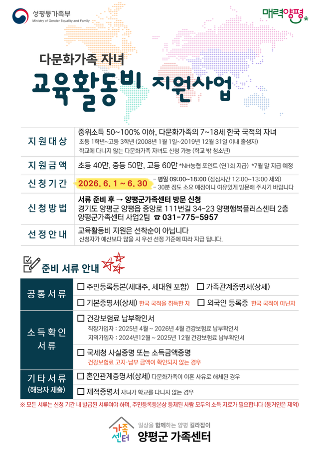 ‘다문화 가족 자녀 교육 활동비 지원 사업’ 홍보 포스터. 양평군 제공