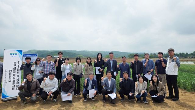 12일 연천군 전곡읍 시험지에서 열린 ‘논콩 이모작 사료작물·밀 품종 선발 현장평가회’ 모습. 경기도농업기술원 제공