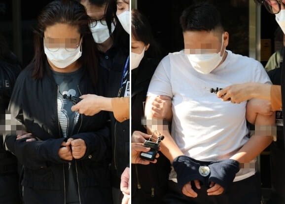 약물을 탄 술로 남편을 살해하려 한 혐의를 받는 태권도장 직원(왼쪽)과 공범 관장이 9일 오후 구속 전 피의자 심문(영장실질심사)이 끝난 뒤 인천지법 부천지원을 나서고 있다. 연합뉴스