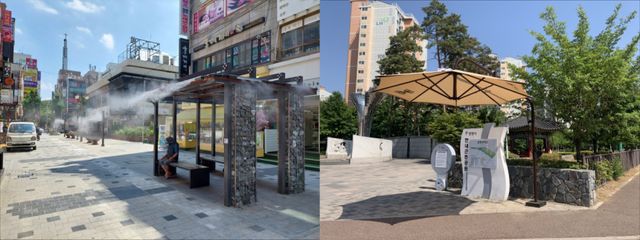 광명 철산상업지구 로데오거리에 설치된 증발냉방장치(쿨링포그)와 한내근린공원에 설치된 그늘막. 광명시 제공