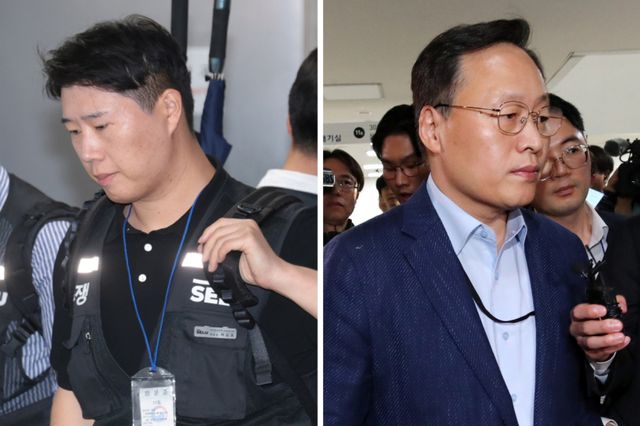 삼성전자 사측 대표교섭위원인 여명구 DS(디바이스솔루션·반도체 사업 담당) 피플팀장과 삼성그룹 초기업노동조합 삼성전자지부 최승호 위원장(왼쪽)이 20일 정부세종청사 중앙노동위원회에서 노사협상 결렬에 따른 입장을 밝힌 뒤 협상장을 떠나고 있다. 연합뉴스