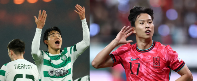 한국 축구국가대표팀의 측면 미드필더 양현준(왼쪽)과 엄지성.연합뉴스