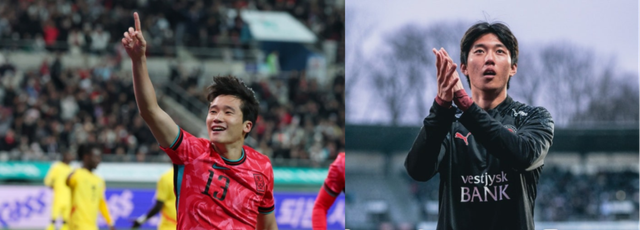 한국 축구국가대표팀의 측면 수비수이자 이을용의 아들 이태석(왼쪽)과 중앙 수비수 이한범. 연합뉴스