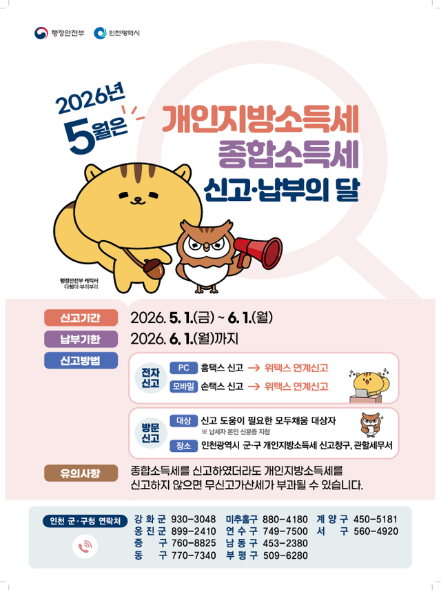 인천시가 오는 6월1일까지 10개 군·구청에서 ‘개인지방소득세(종합소득분) 통합신고창구’를 운영한다. 인천시 제공