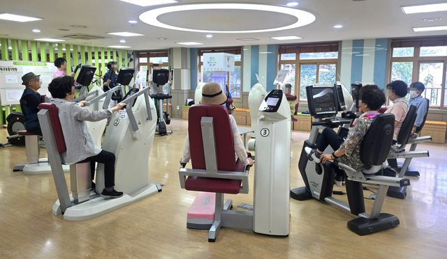 광명시 노인건강증진센터 ‘순환 근력 운동 프로그램’ 참여자들이 순환운동기구에서 하지 기능과 균형 감각을 키우는 운동을 하고 있다. 광명시 제공