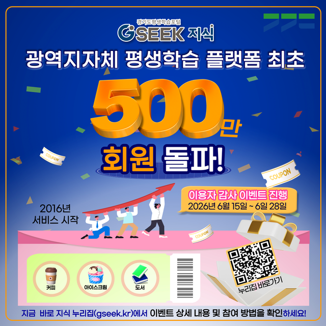 경기도가 운영하는 대표적인 평생학습 포털 ‘지식(GSEEK)’이 전국 광역 시·도 가운데 최초로 누적 회원 수 500만명을 넘어서는 대기록을 달성했다. 사진은 지식 회원 500만 돌파 기념 이미지. 경기도 제공