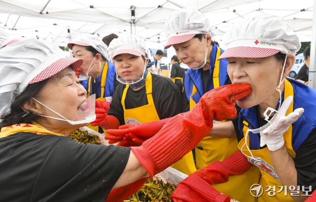 18일 오전 대한적십자사 경기도지사에서 열린 '하지엔 김장하지'에서 대한적십자가 봉사원이 일본적십자사 봉사원에게 양념을 버무린 열무김치를 먹여주고 있다. 이번 봉사활동은 60여명의 봉사원들이 김장한 열무김치 5kg을 지역 취약계층에 전달할 예정이다. 홍기웅기자