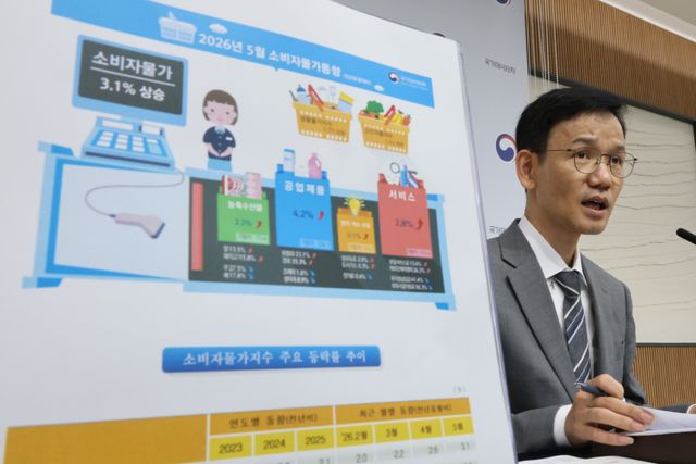 이두원 국가데이터처 경제동향통계심의관이 2일 세종시 정부세종청사에서 2026년 5월 소비자물가 동향을 발표하고 있다.지난달 소비자물가지수는 중동 전쟁 영향으로 석유류 물가가 큰 폭으로 오름에 따라 1년 전보다 3.1% 올랐다. 이는 2024년 3월(3.1%) 이후 최대 폭 상승이다. 연합뉴스