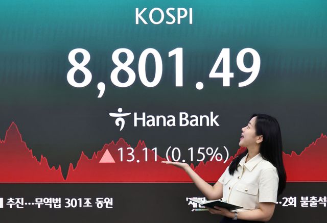 2일 서울 중구 하나은행 딜링룸 현황판에 코스피 등이 표시되고 있다. 이날 코스피는 전 거래일 대비 13.11포인트(0.15%) 오른 8,801.49에, 코스닥은 24.00포인트(2.29%) 내린 1,026.03에 장을 마감했다. 연합뉴스