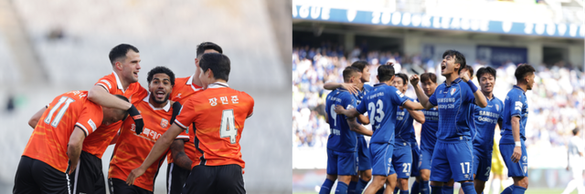 최근 8경기 무패 화성FC(왼쪽)와 수원 삼성이 6일 오후 7시30분 리그 15라운드서 맞붙는다. 한국프로축구연맹 제공