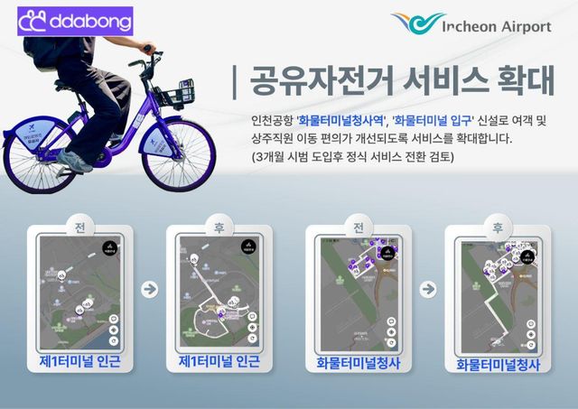 인천국제공항공사의 공유자전거 서비스 확대 안내 포스터. 인천국제공항공사 제공