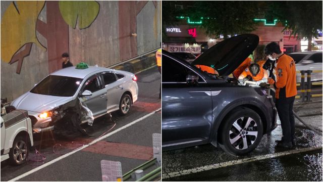 (왼쪽) 21일 오후 인천 남동구 간석동 간석지하차도에서 가드레일을 들이받은 택시가 파손된 채 서 있다. 가드레일을 밟고 지나간 SUV 차량에서 난 연기를 끄기 위해 소방대원들이 안전조치를 하고 있다. 장민재기자