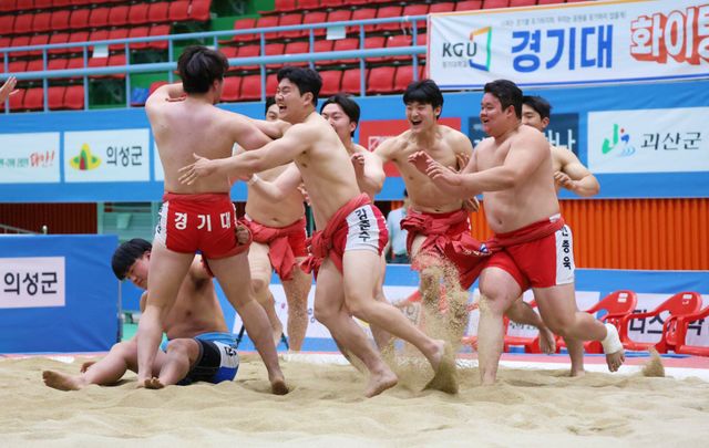 24일 충북 괴산군 괴산문화체육센터에서 열린 ‘제3회 괴산유기농배전국장사씨름대회' 대학교부 단체전 우승을 차지한 경기대가 우승을 확정한 후 기뻐하고 있다. 대한씨름협회 제공