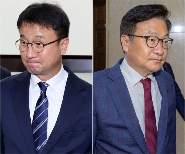 22대 하반기 국회 원 구성 협상이 여야의 법제사법위원회 위원장 배정을 놓고 난항에 빠진 가운데, 26일 여야 원내대표단이 협상에 나섰지만 의견 차이만 다시 확인했다. 사진은 이날 오후 조정식 국회의장에게 원 구성 신속 요청을 마친 더불어민주당 한병도 원내대표와 여야 원내대표단 회담을 마친 뒤 결론을 내지 못하고 이동하는 국민의힘 정점식 원내대표. 연합뉴스