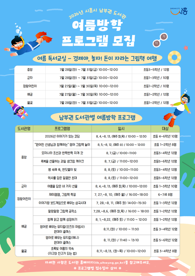 남부권 도서관, 여름방학 독서교실·프로그램 운영 홍보물. 시흥시 제공