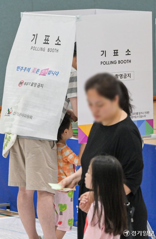 제9회 전국동시지방선거일인 3일 군포시 송죽다목적체육관에 마련된 투표소에서 시민들이 투표하고 있다. 윤원규기자