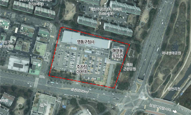 정부의 ‘2026년 상반기 도시재생 혁신지구’ 후보지인 경기도 수원시 매탄동 영통구청 부지 위치도. 경기도 제공