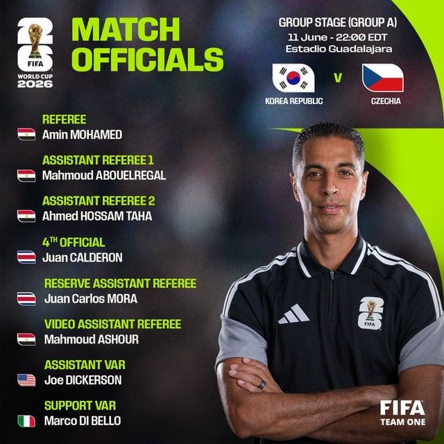 FIFA가 9일 발표한 2026 북중미월드컵 한국-체코 경기 심판진. FIFA X(옛 트위터) 제공