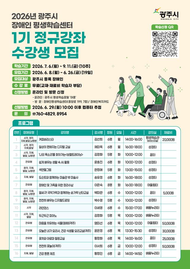 광주시 장애인평생학습센터는 ‘2026년 1기 정규 프로그램’ 수강생을 오는 26일까지 모집한다. 광주시 제공
