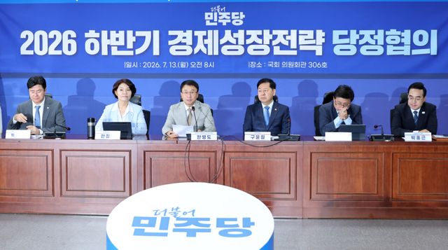 더불어민주당 한병도 대표 직무대행 겸 원내대표가 13일 국회 의원회관에서 열린 2026 하반기 경제성장전략 당정 협의에서 인사말을 하고 있다. 연합뉴스