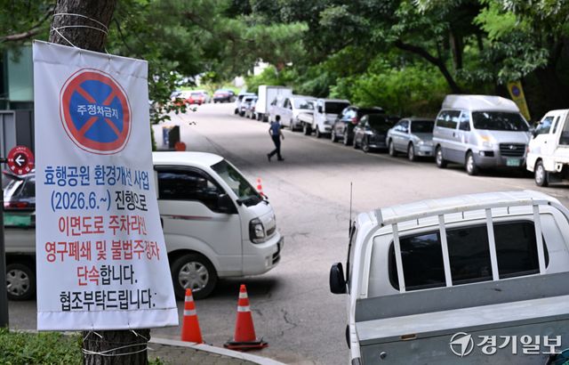 수원특례시 장안구 효행공원 개선사업이 한창인 가운데 구청이 지난 6월부터 이면도로 주차라인 영구 폐쇄와 불법 주정차 단속을 예고하는 안내문을 부착했으나, 불법 주정차는 여전히 계속되고 있다. 사진은 13일 효행공원 이면도로 모습. 김시범기자