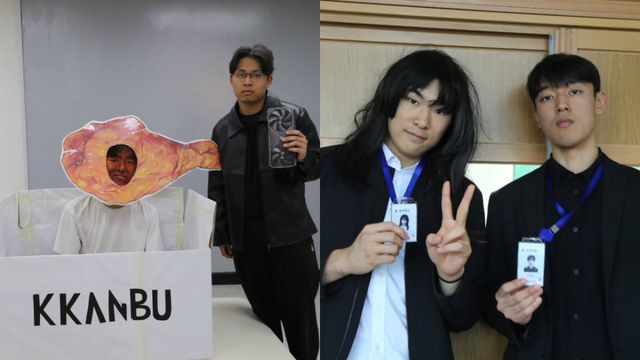 방한 당시 ‘깐부치킨 회동'으로 화제가 됐던 젠슨 황 엔비디아 CEO를 패러디한 의정부고 학생들의 모습(왼쪽)과 넷플릭스 시리즈 ‘참고육’ 속 교권 보호국 감독간을 패러디한 학생들의 모습. 의정부고 방송부 UHBS 인스타그램 갈무리