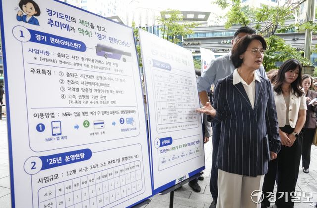 추미애 경기도지사가 20일 오후 성남시 판교역 일대에서 경기 편하G버스 관련한 기자회견을 진행하고 있다. 홍기웅기자
