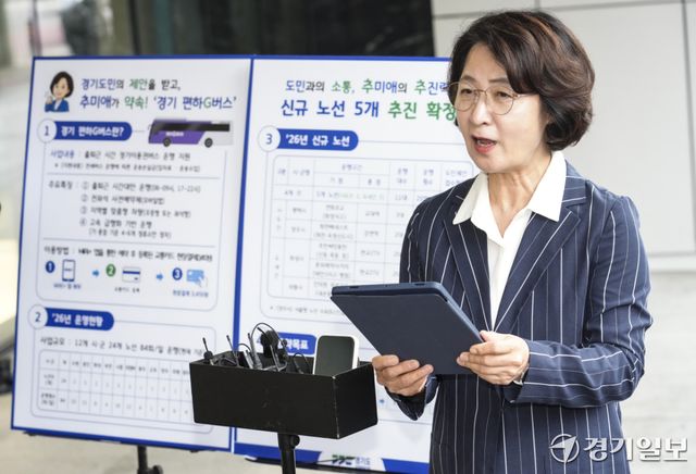 추미애 경기도지사가 20일 오후 성남시 판교역 일대에서 경기 편하G버스 관련한 기자회견을 진행하고 있다. 홍기웅기자