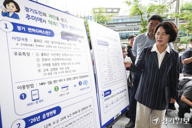 추미애 경기도지사가 20일 오후 성남시 판교역 일대에서 경기 편하G버스 관련한 기자회견을 진행하고 있다. 홍기웅기자