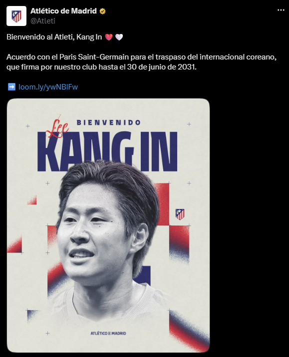 이강인 영입 알리는 AT마드리드. 아틀레티코 마드리드 X 캡처