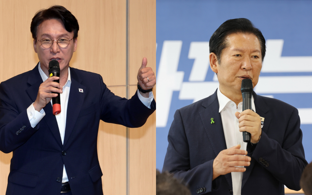 더불어민주당 당권주자인 김민석 후보(왼쪽)와 정청래 후보(오른쪽)가 26일 각각 광주과학기술원과 울산시당에서 열린 당원 간담회에 참석해 당 대표 출마 관련 발언을 하고 있다. 연합뉴스 갈무리