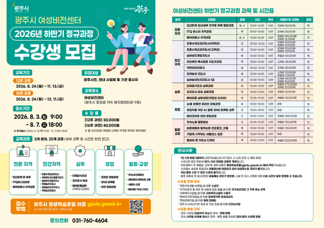광주시는 여성의 직업 역량 강화와 취업·창업, 사회참여 확대를 지원하기 위해 여성비전센터 하반기 정규과정 수강생을 모집한다. 광주시 제공