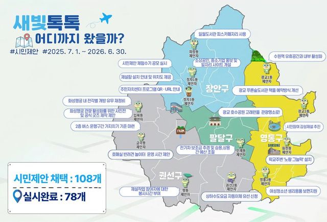 지난 1년간 새빛톡톡에서 채택된 시민제안을 표시한 수원시 지도. 수원시 제공