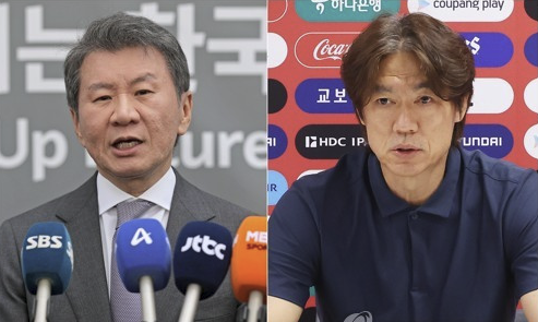 정몽규 전 대한축구협회장(왼쪽)과 홍명보 전 국가대표팀 감독. 연합뉴스