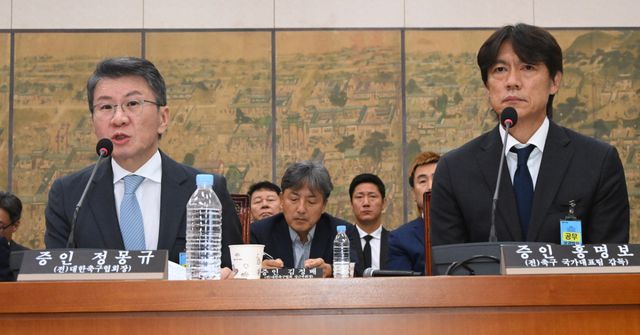 정몽규 전 대한축구협회장(왼쪽)이 30일 국회 문화체육관광위원회에서 열린 대한축구협회 현안 관련 청문회에 증인으로 출석해 의원 질의에 답하고 있다. 오른쪽은 홍명보 전 축구대표팀 감독. 연합뉴스