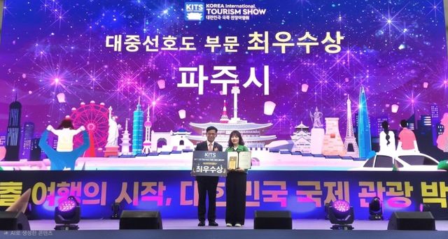파주시가 지난 3일부터 5일까지 고양시 킨텍스에서 열린 제11회 대한민국 국제 관광박람회(KITS)’에서 대중선호도 부문 최우수상을 수상했다. 파주시 제공