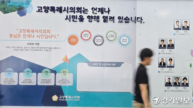 의장단 및 상임위원회 현황이 아직 채워지지 않은 고양특례시의회 안내 게시판 앞을 한 직원이 지나가고 있다. 신진욱기자