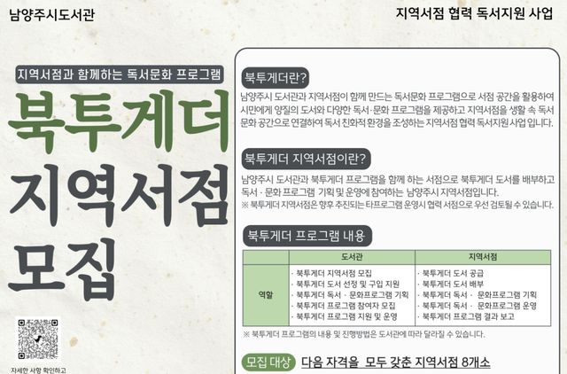 남양주시 관내 도서관이 9일 지역 상생형 독서문화 프로그램을 운영할 지역 서점을 모집한다. 남양주시 제공