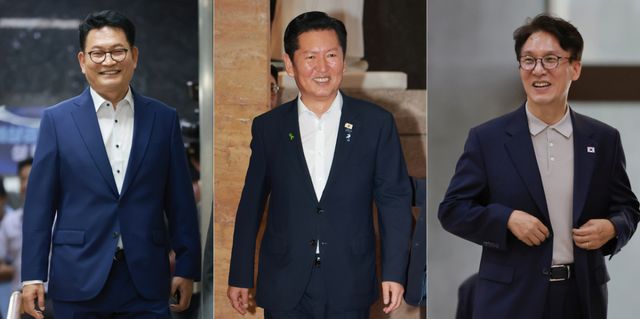 더불어민주당 송영길·정청래 당 대표 후보가 지난달 31일 국회에서 열린 비공개 의원총회에, 민주당 김민석 후보는 같은 날 국회에서 열린 본회의에 각각 참석하는 모습. 연합뉴스