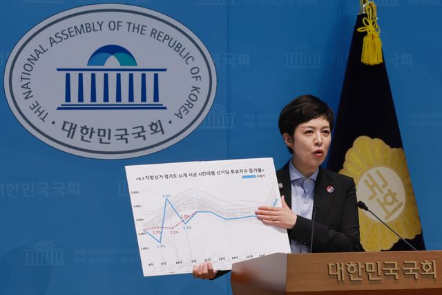 국민의힘 김은혜 의원이 4일 국회 소통관에서 6·3 지방선거 당일 경기 시흥시에서 1시간 만에 3천600여명의 투표자 수가 잘못 입력되는 '대규모 오류'가 발생한 것과 관련해 기자회견하고 있다. 연합뉴스