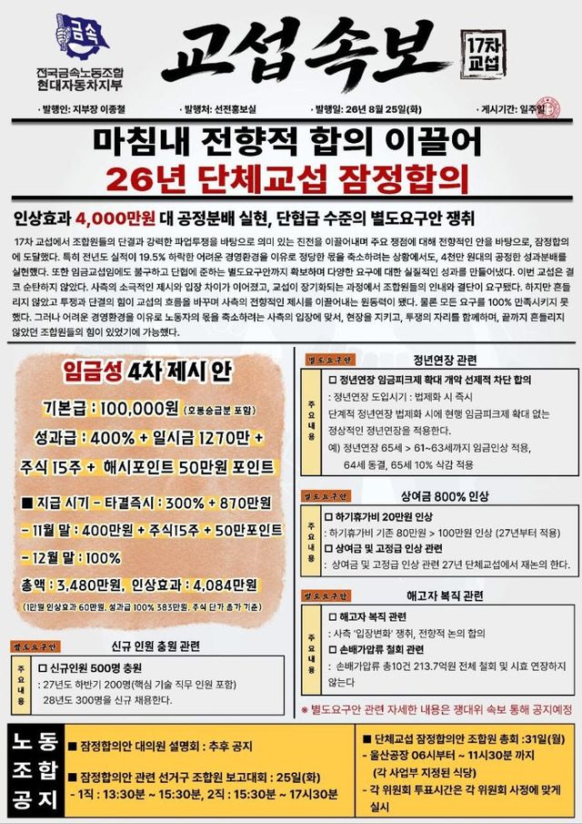 현대차 노사 2026년 단체교섭 잠정합의안 소식지. 현대차 노조 갈무리